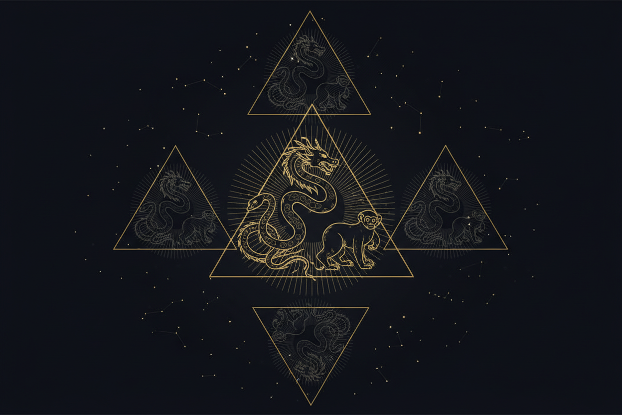 Chinese Zodiac Three Harmonies San He — four power trine combinations Water Wood Fire Metal