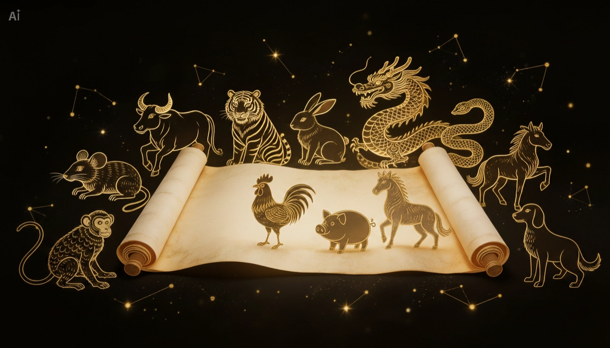 Chinese Zodiac 12 animals origin — ancient astronomy, Earthly Branches and Five Elements chart