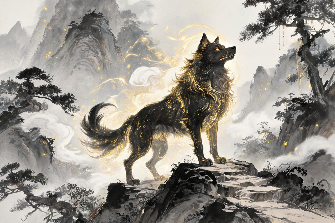 Panhu the Dragon-Dog and the golden-eyed Hounds of Kunlun from Chinese mythology, Shan Hai Jing, ancient myth behind the Chinese Zodiac Dog sign
