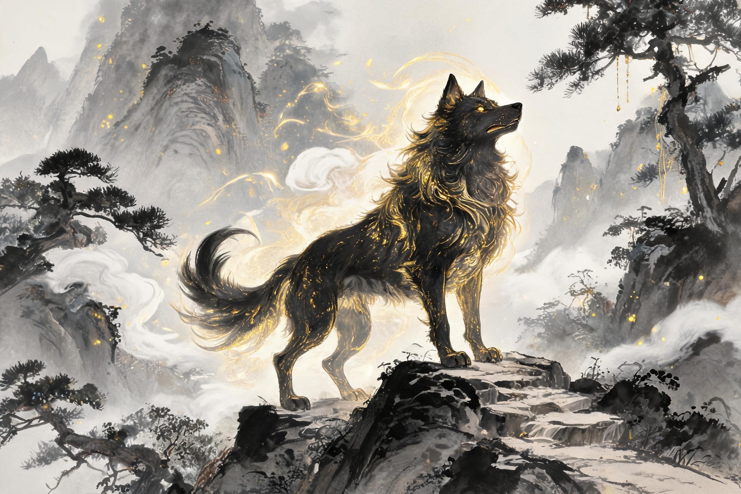 Panhu the Dragon-Dog and the golden-eyed Hounds of Kunlun from Chinese mythology, Shan Hai Jing, ancient myth behind the Chinese Zodiac Dog sign