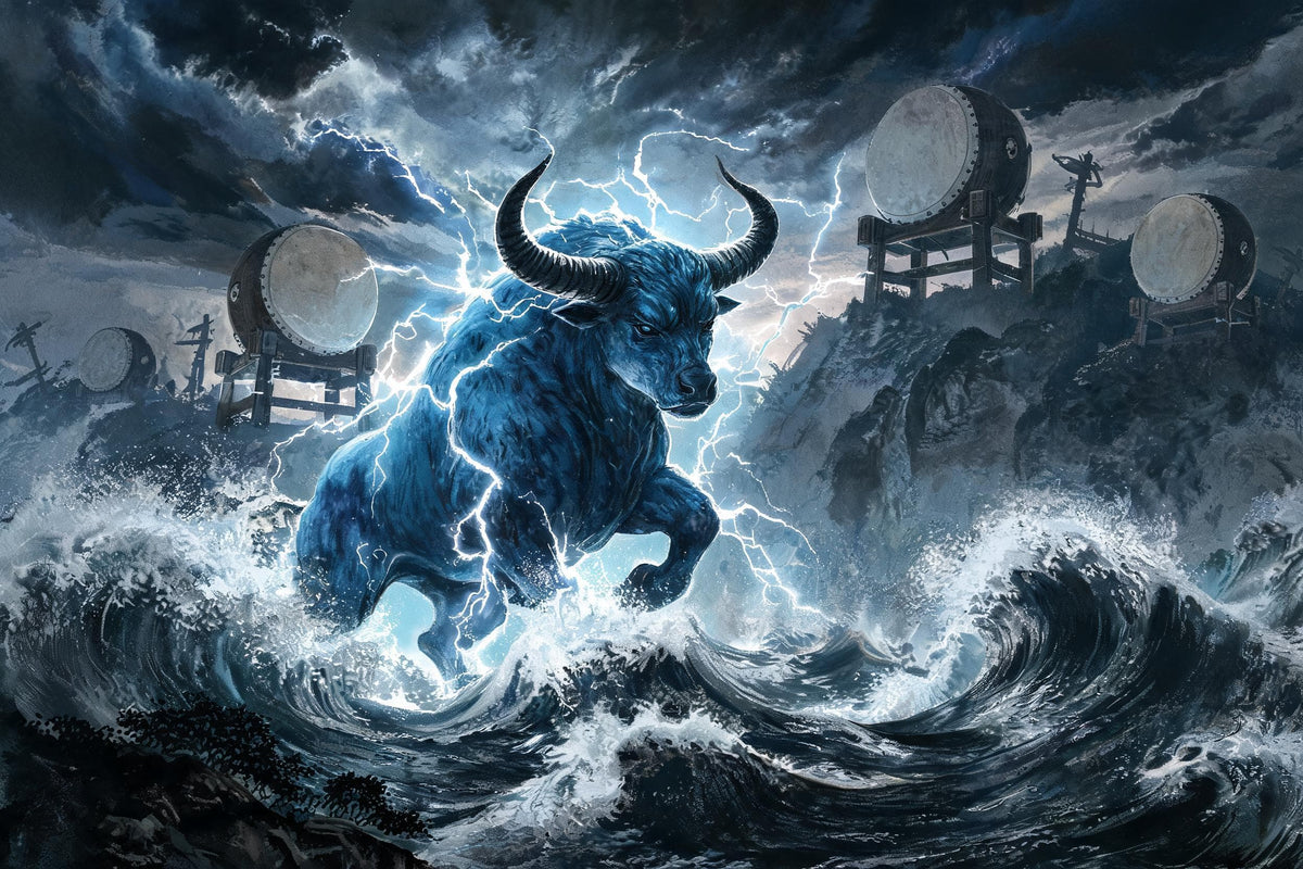 Kui the one-legged thunder beast from Chinese mythology, Shan Hai Jing, ancient myth behind the Chinese Zodiac Ox sign