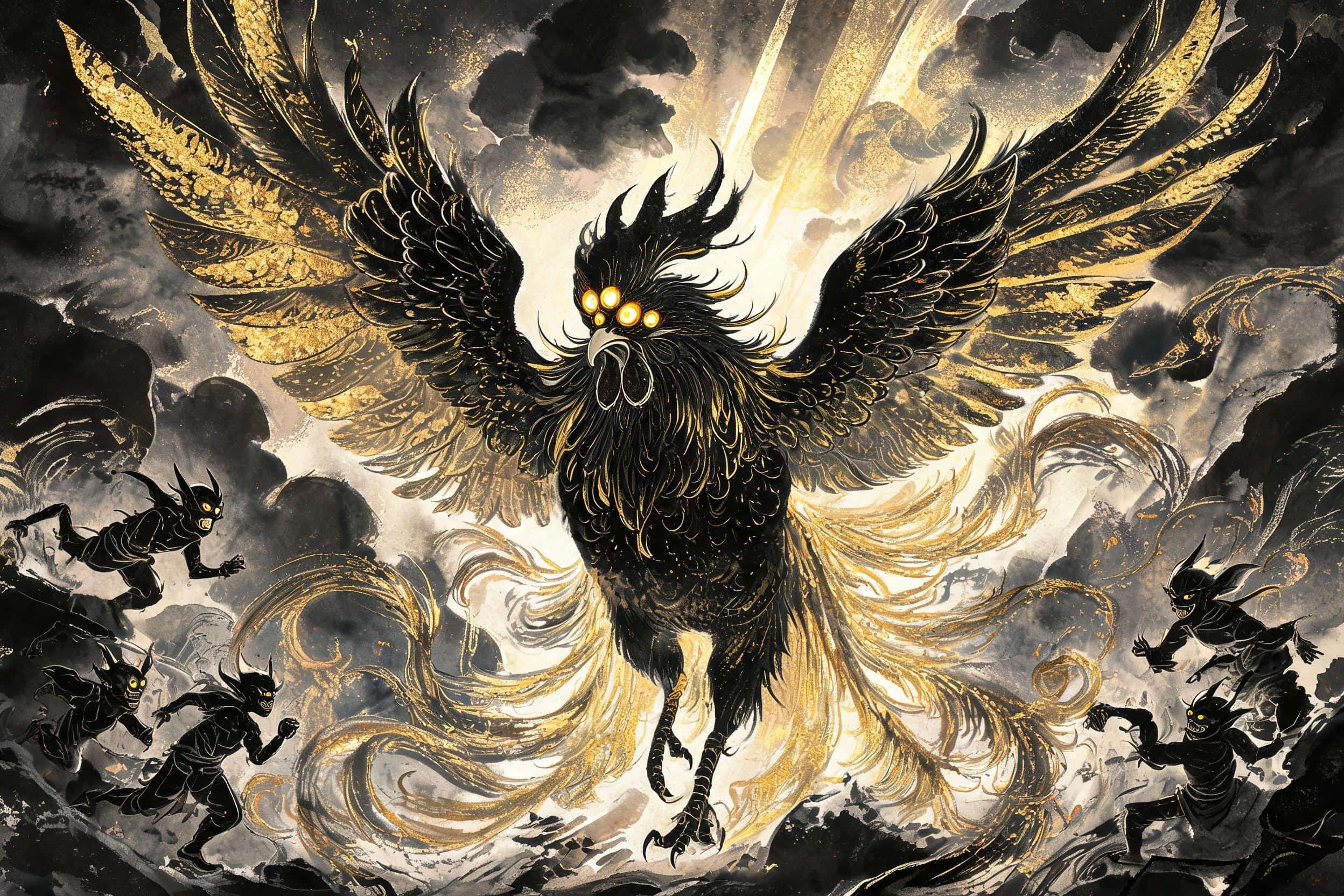 Chongming Bird the Double-Pupiled Phoenix from Chinese mythology, Shan Hai Jing, ancient myth behind the Chinese Zodiac Rooster sign