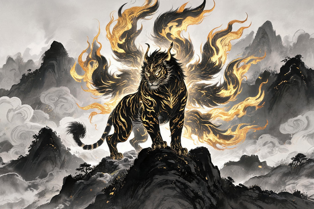 Luwu the Nine-Tailed White Tiger God from Chinese mythology, Shan Hai Jing, ancient myth behind the Chinese Zodiac Tiger sign